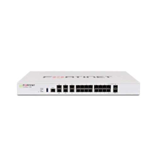 Fortinet FG-100E, 20 x GE RJ45 ports (including 2 x WAN ports, 1 x DMZ port, 1 x Mgmt port, 2 x HA ports, 14 x switch ports), 2 x Shared Media pairs (Including 2 x GE RJ45 ports, 2 x SFP slots). Max managed FortiAPs (Total / Tunnel) 64 / 32