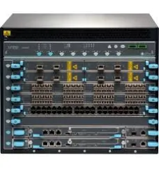 Redundant EX9208 system configuration: 8-slot chassis with passive midplane and 1x fan tray, 2x routing engines, 2x switch fabric-2modules, 4x 2520W AC PSUs, and all necessary blank panels Redundant EX9208 system configuration: 8-slot chassis with passive midplane and 1x fan tray, 2x routing engines, 2x switch fabric-2modules, 4x 2520W AC PSUs, and all necessary blank panels